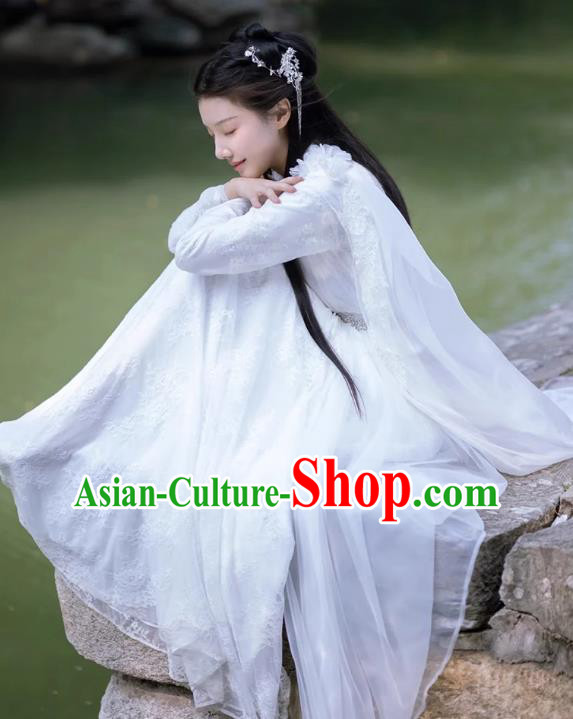 China Traditional Hanfu White Fairy Dress Ancient Goddess Clothing TV Series Swordswoman Costume