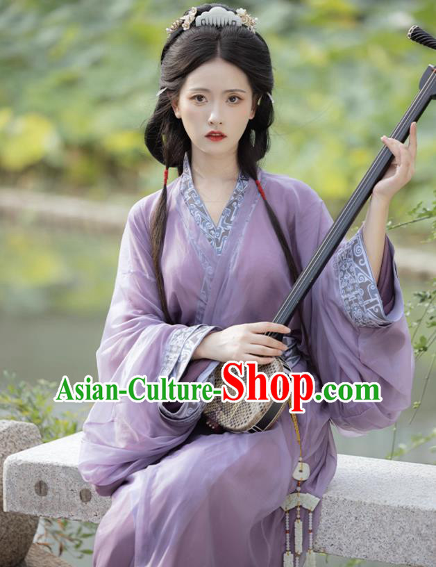 China Ancient Royal Princess Clothing the Warring States Time Young Woman Costumes Traditional Hanfu Purple Straight Front Robe