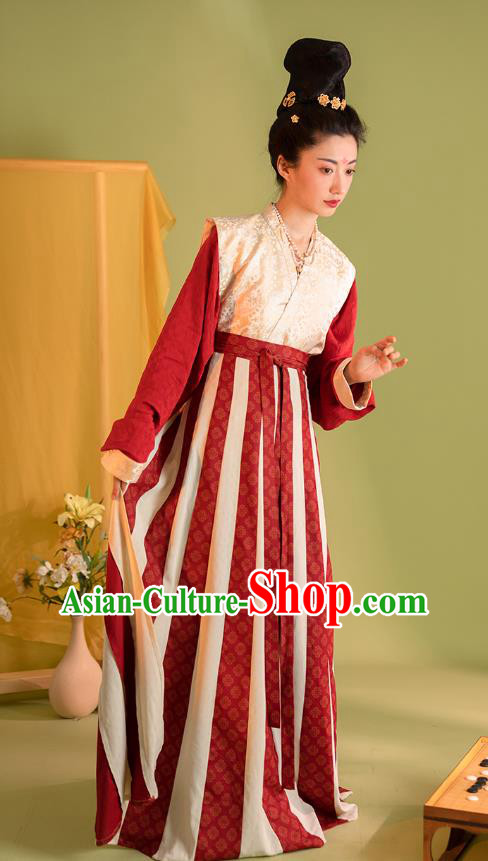 China Tang Dynasty Princess Gao Chang Costumes Ancient Palace Lady Clothing Traditional Hanfu White Beizi Red Blouse and Skirt Set