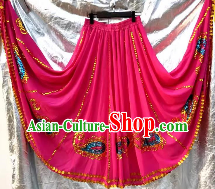 Rose red Chinese Xinjiang dance Uyghur Maixi Laipu stage square dance ethnic characteristics pure handmade sequined skirt with large swing