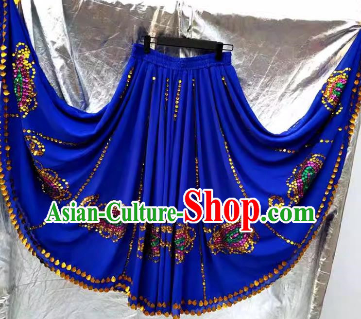 Sapphire blue Chinese Xinjiang dance Uyghur Maixi Laipu stage square dance ethnic characteristics pure handmade sequined skirt with large swing