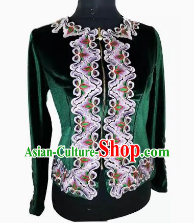 Dark green Chinese Xinjiang dance gold velvet inlaid flower top women performance costume