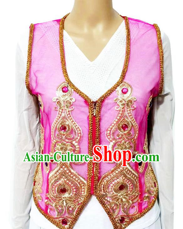 Rose red Chinese Xinjiang dance sari see-through heavy industry inlaid gemstone new short vest