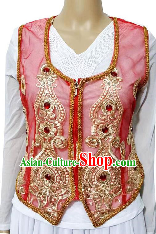 Red China Xinjiang Dance Sari See-through Heavy Industry Inlaid Gemstone New Short Vest