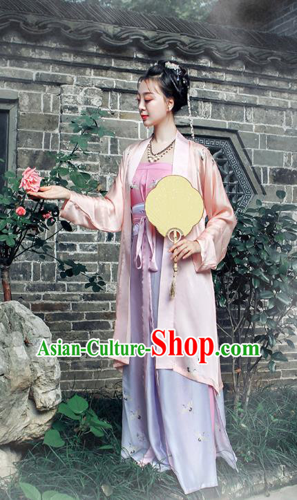 China Song Dynasty Woman Costumes Ancient Young Mistress Clothing Traditional Hanfu Summer Pink Beizi and Skirt Complete Set