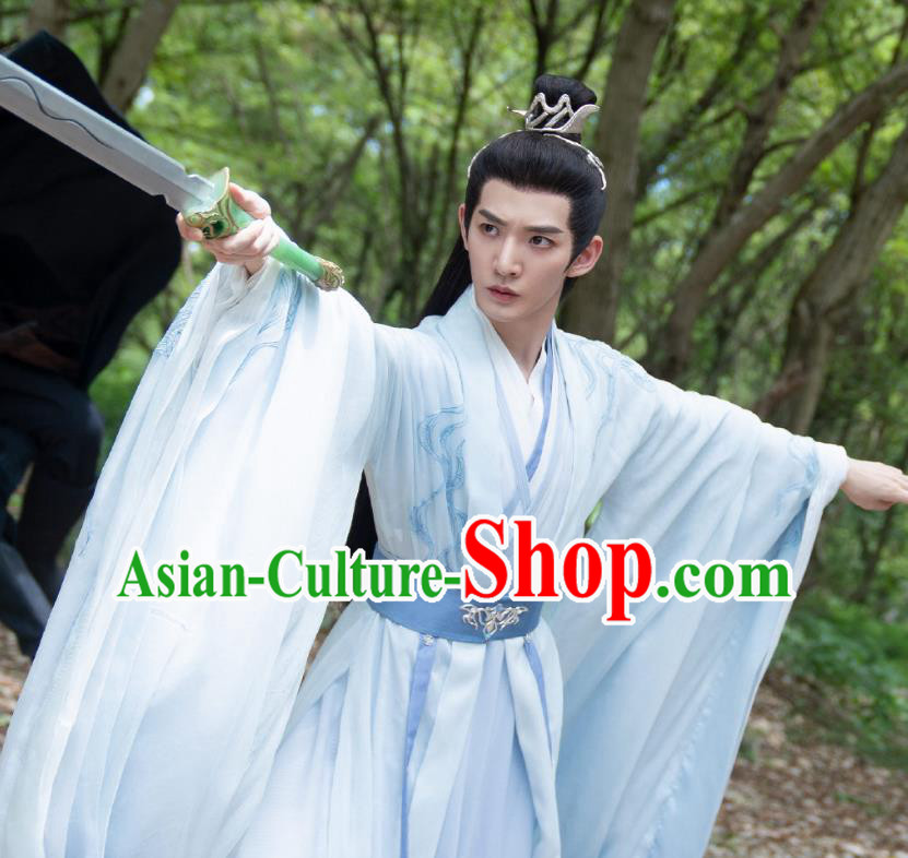 China Traditional Male Hanfu Romance Drama The Journey of Chong Zi Noble Childe Qin Ke Garments Ancient Swordsman Blue Costumes