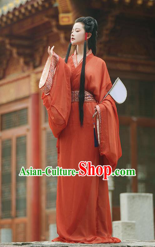 Chinese the Warring States Period Young Woman Red Dress Ancient Court Queen Straight Front Robe Clothing