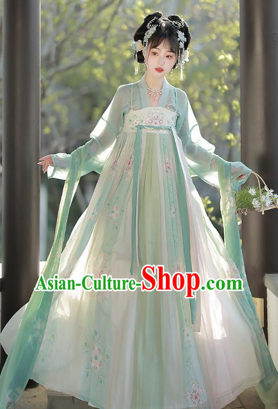 Chinese Traditional Embroidered Green Hezi Dress Ancient Young Lady Costume Tang Dynasty Princess Clothing