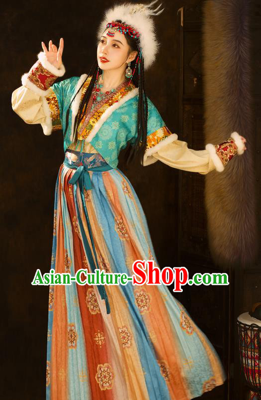 Chinese Ancient Ethnic Princess Clothing Traditional Blue Dresses Tang Dynasty Young Lady Garment Costumes