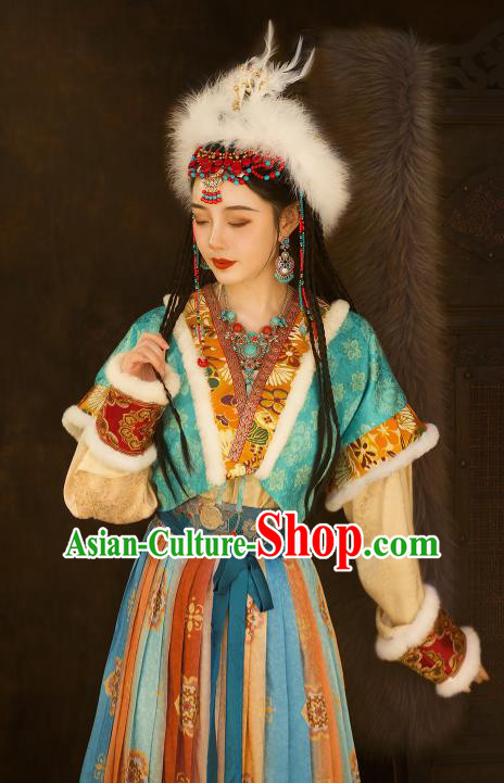 Chinese Ancient Ethnic Princess Clothing Traditional Blue Dresses Tang Dynasty Young Lady Garment Costumes