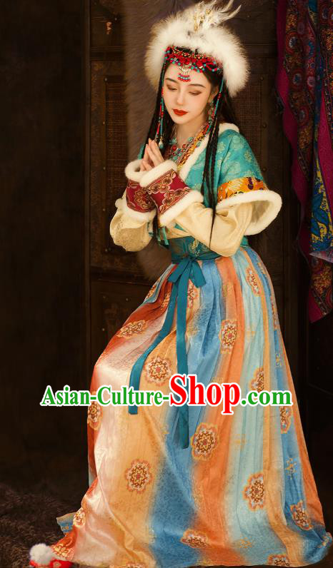 Chinese Ancient Ethnic Princess Clothing Traditional Blue Dresses Tang Dynasty Young Lady Garment Costumes