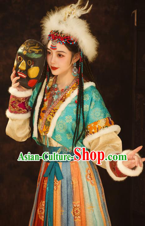 Chinese Ancient Ethnic Princess Clothing Traditional Blue Dresses Tang Dynasty Young Lady Garment Costumes