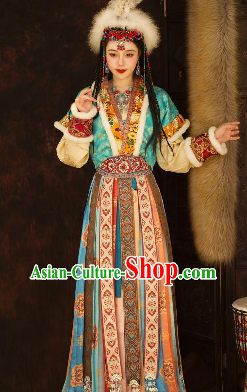 Chinese Ancient Ethnic Princess Clothing Traditional Blue Dresses Tang Dynasty Young Lady Garment Costumes