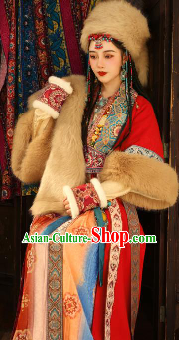 Chinese Ancient Princess  Red Dress Western Regions Ethnic Young Lady Clothing Tang Dynasty Garment Costumes Complete Set