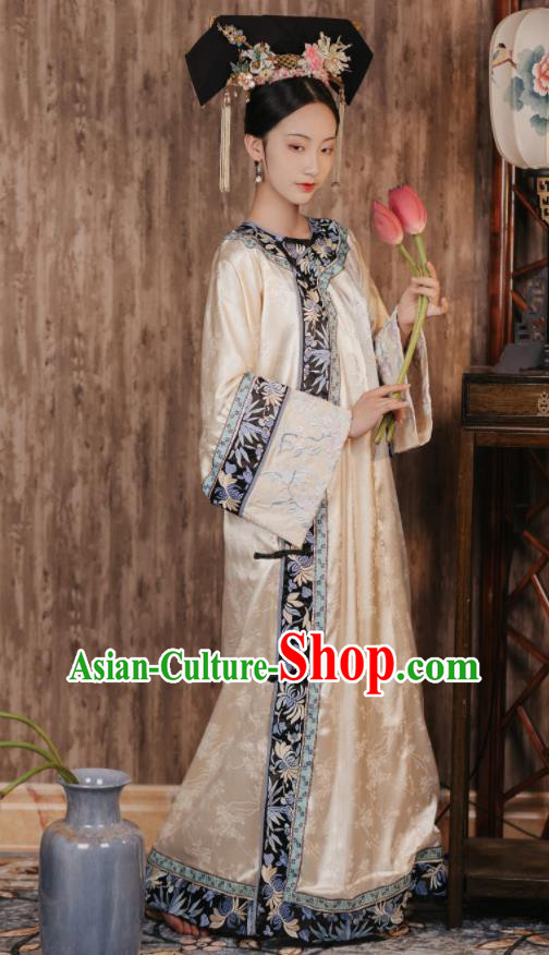 Chinese Qing Dynasty Princess Garment Costumes Ancient Empress Beige Dress Manchu Woman Clothing