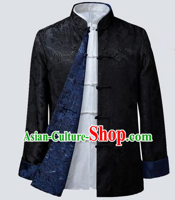 Chinese Traditional Jacket Blue and Black Brocade Overcoat Handmade Mandarin Blouse for Men