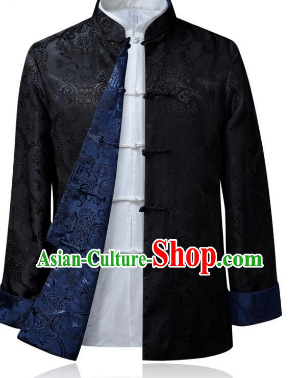 Chinese Traditional Jacket Blue and Black Brocade Overcoat Handmade Mandarin Blouse for Men