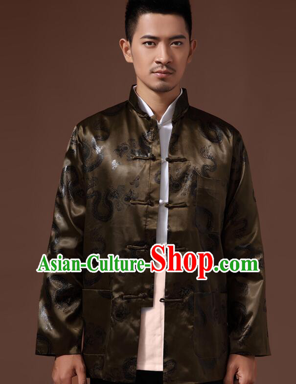 Chinese Handmade Mandarin Blouse Traditional Jacket Atrovirens Brocade Overcoat for Men