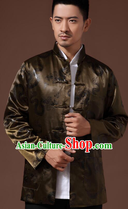 Chinese Handmade Mandarin Blouse Traditional Jacket Atrovirens Brocade Overcoat for Men
