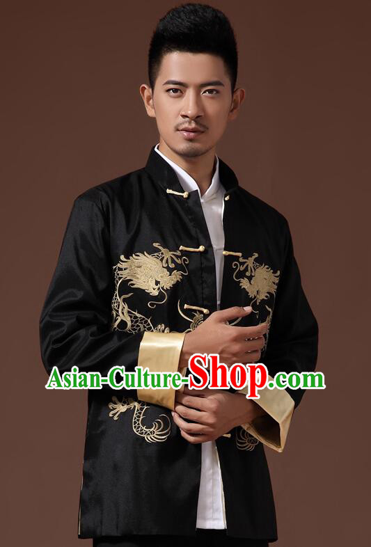 Chinese Embroidered Dragon Overcoat Handmade Mandarin Blouse Traditional Black Jacket for Men