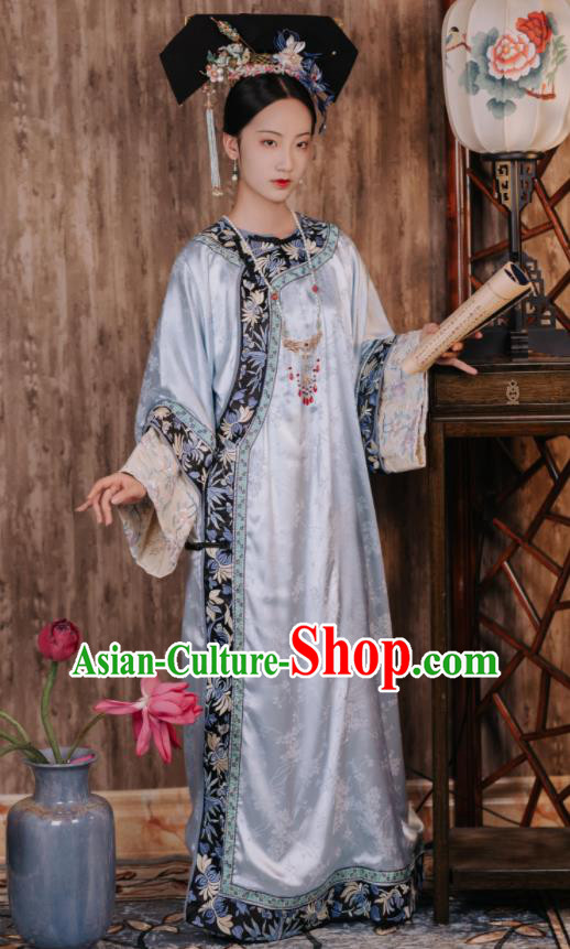 Chinese Ancient Palace Lady Blue Dress Traditional Garment Costumes Qing Dynasty Empress Clothing