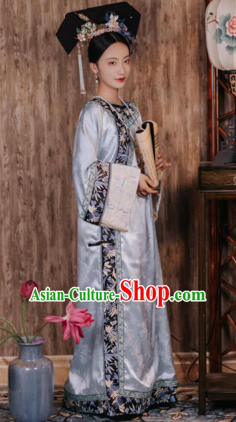 Chinese Ancient Palace Lady Blue Dress Traditional Garment Costumes Qing Dynasty Empress Clothing