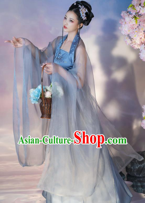 Chinese Traditional Garment Costumes Ancient Flower Fairy Clothing Tang Dynasty Princess Blue Hanfu Dress