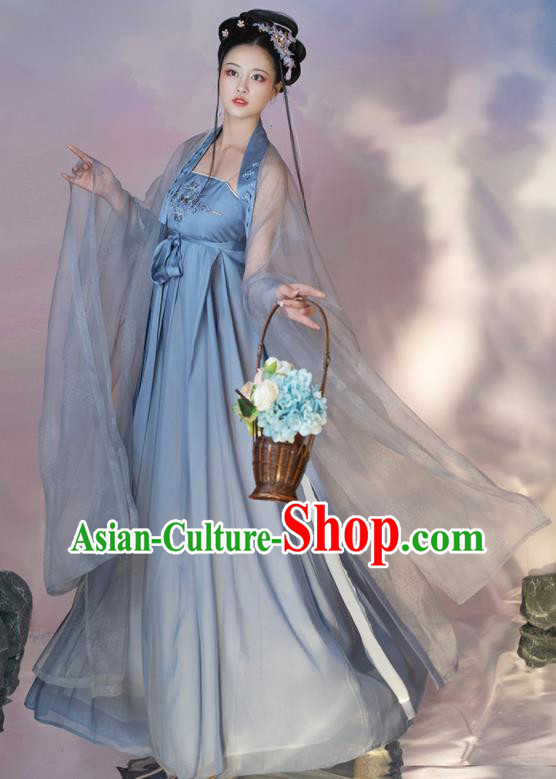 Chinese Traditional Garment Costumes Ancient Flower Fairy Clothing Tang Dynasty Princess Blue Hanfu Dress