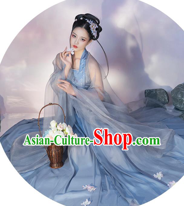 Chinese Traditional Garment Costumes Ancient Flower Fairy Clothing Tang Dynasty Princess Blue Hanfu Dress