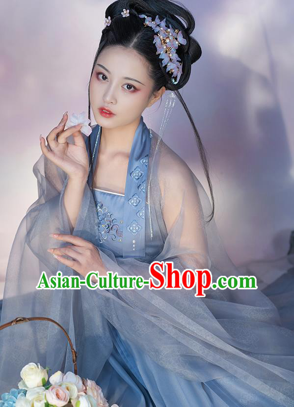 Chinese Traditional Garment Costumes Ancient Flower Fairy Clothing Tang Dynasty Princess Blue Hanfu Dress
