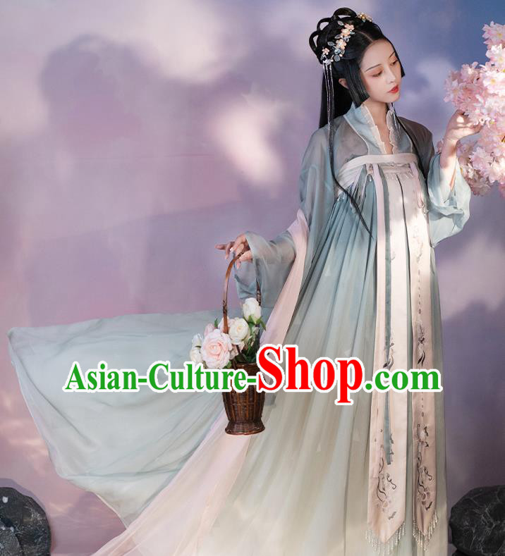 Chinese Tang Dynasty Princess Green Hanfu Dress Traditional Garment Costumes Ancient Flower Fairy Clothing