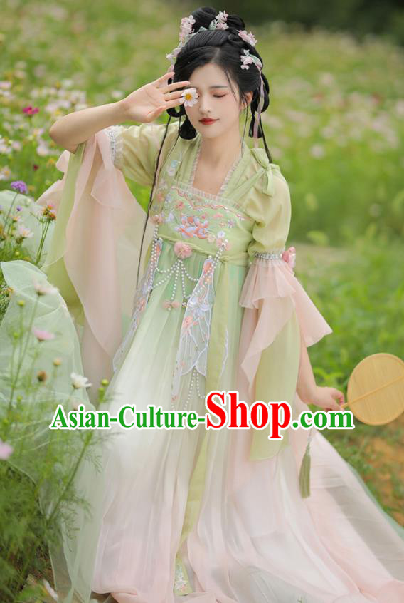 Chinese Tang Dynasty Palace Princess Garment Costumes Ancient Goddess Young Lady Green Hanfu Dress