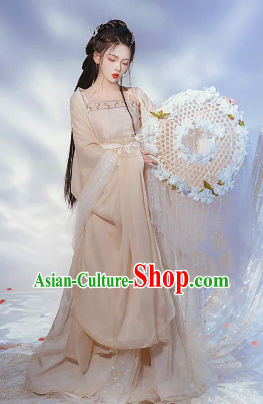Chinese Ancient Moon Goddess Young Lady Beige Hanfu Dress Tang Dynasty Princess Garment Costumes