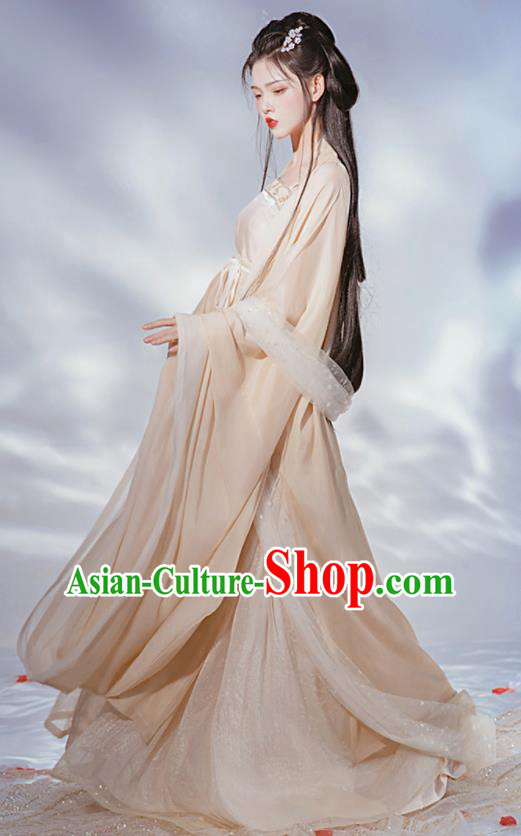 Chinese Ancient Moon Goddess Young Lady Beige Hanfu Dress Tang Dynasty Princess Garment Costumes