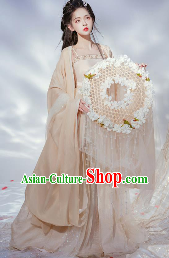 Chinese Ancient Moon Goddess Young Lady Beige Hanfu Dress Tang Dynasty Princess Garment Costumes