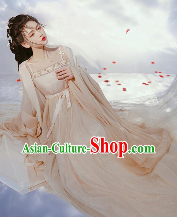 Chinese Ancient Moon Goddess Young Lady Beige Hanfu Dress Tang Dynasty Princess Garment Costumes