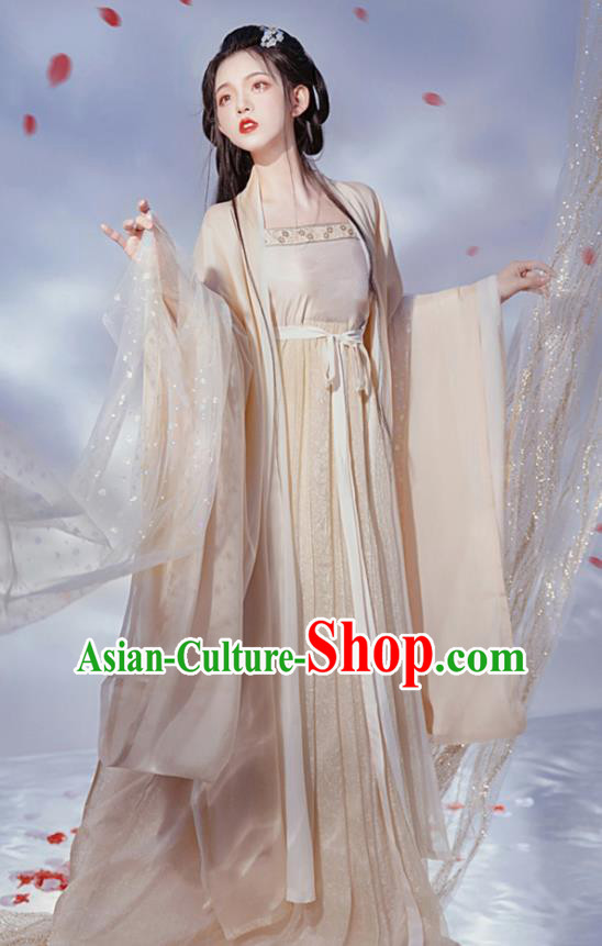 Chinese Ancient Moon Goddess Young Lady Beige Hanfu Dress Tang Dynasty Princess Garment Costumes