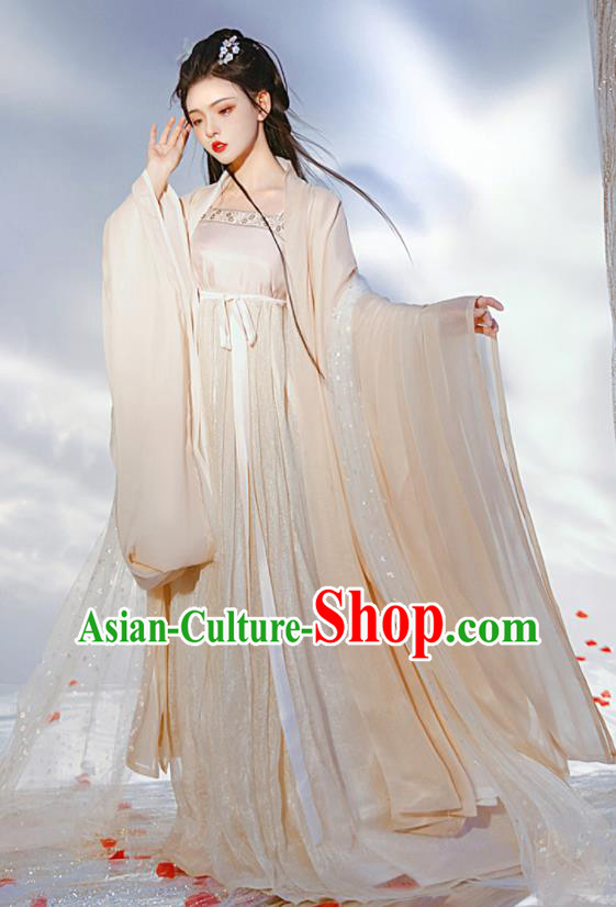 Chinese Ancient Moon Goddess Young Lady Beige Hanfu Dress Tang Dynasty Princess Garment Costumes
