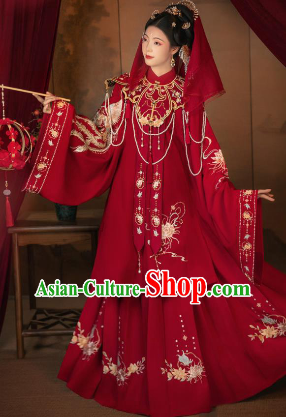 Chinese Ming Dynasty Bride Costumes Ancient Young Woman Red Dresses Traditional Wedding Hanfu Garments