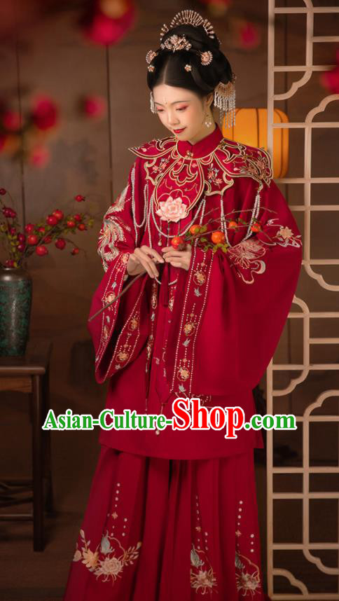 Chinese Ming Dynasty Bride Costumes Ancient Young Woman Red Dresses Traditional Wedding Hanfu Garments
