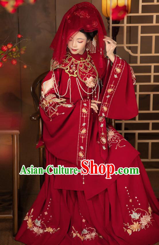 Chinese Ming Dynasty Bride Costumes Ancient Young Woman Red Dresses Traditional Wedding Hanfu Garments