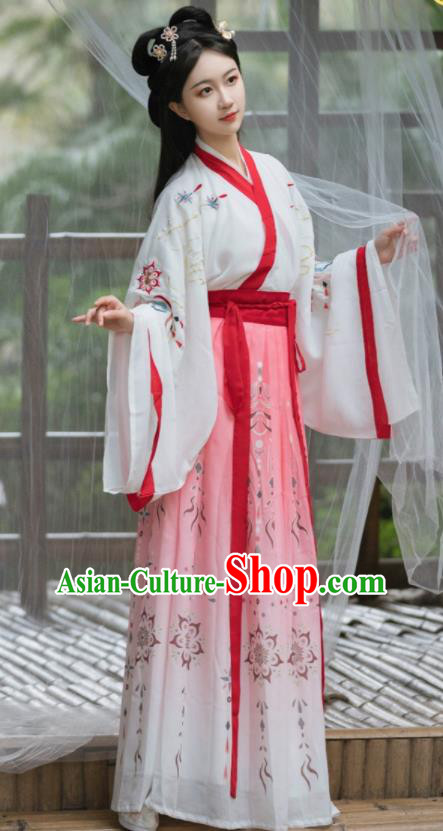 Chinese Ancient Swordswoman Pink Dresses Traditional Hanfu Costumes Jin Dynasty Young Woman Clothing