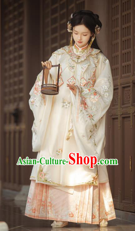 Chinese Traditional Noble Lady Hanfu Costumes Ming Dynasty Young Woman Clothing Ancient Princess Beige Long Gown and Pink Skirt Complete Set