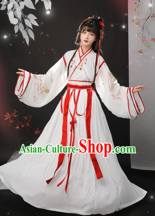 Chinese Ancient Fairy White Dresses Traditional Hanfu Garments Jin Dynasty Young Lady Clothing