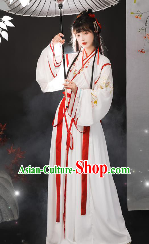 Chinese Ancient Fairy White Dresses Traditional Hanfu Garments Jin Dynasty Young Lady Clothing