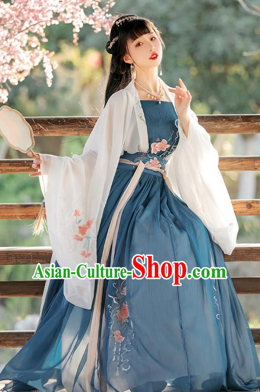 Chinese Traditional Ruqun Blue Dress Tang Dynasty Princess Clothing Ancient Young Lady Costumes