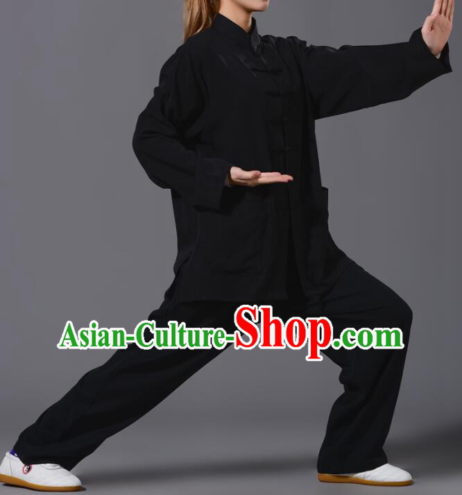 Chinese Summer Tencel Kung Fu Black Uniform Tai Chi Training Outfit Complete Set for Women for Men