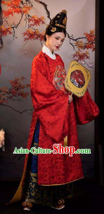 Chinese Ming Dynasty Wedding Dresses Ancient Bride Clothing Embroidered Red Gown and Ma Mian Skirt Complete Set