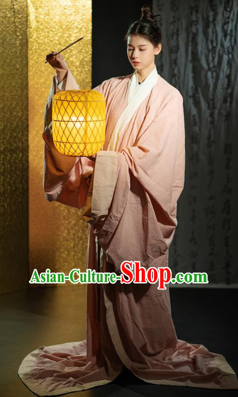 Chinese Ancient Swordsman Clothing Traditional Han Fu Qin Dynasty Prince Pink Straight Front Robe