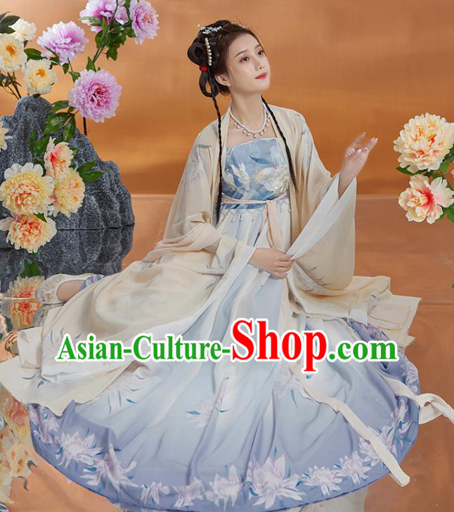 Chinese Tang Dynasty Princess Clothing Ancient Palace Beauty Garment Costumes Traditional Beige Cape and Blue Hezi Dress Complete Set